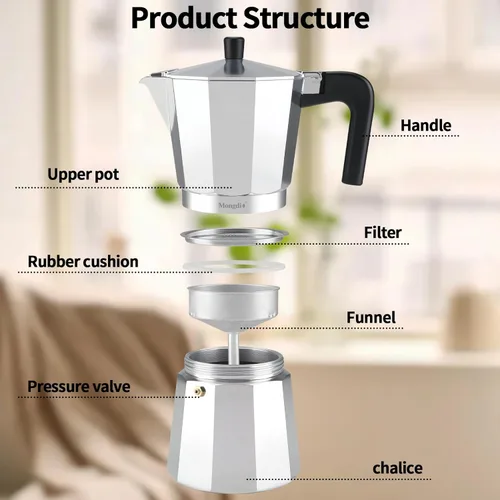 Vista 3 de Mongdio Cafetera de Espresso para Estufa Moka, Cafetera Cubana para Estufa, Olla Mocha Greca Italiana, 9 Tazas de Espresso, 15 oz - Plata Plateado