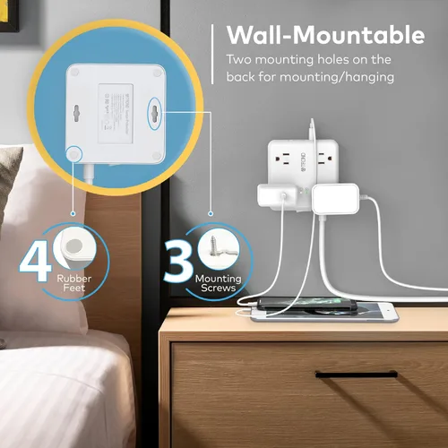 Vista 6 de TROND - Cable de extensión de 15 pies de largo, protector de sobretensiones de enchufe plano, 4 salidas de CA ampliamente espaciadas, 4 puertos USB