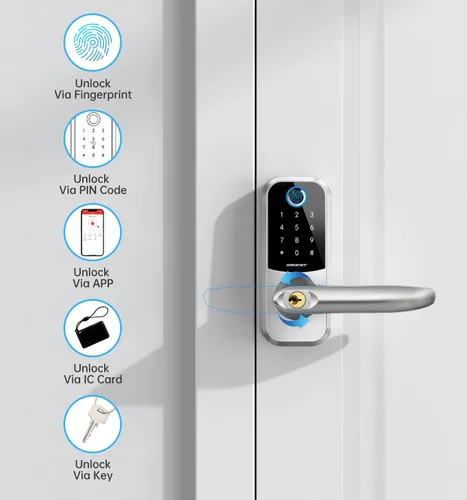 Vista 2 de SMONET - Cerradura de puerta de entrada sin llave con asa, cerraduras inteligentes de huellas dactilares SMONET con teclado