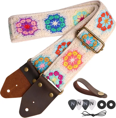 Vista 12 de Nefelibata Correa de guitarra, correas de guitarra de algodón bordado jacquard con extremos de cuero de caballo loco para bajo, eléctrico