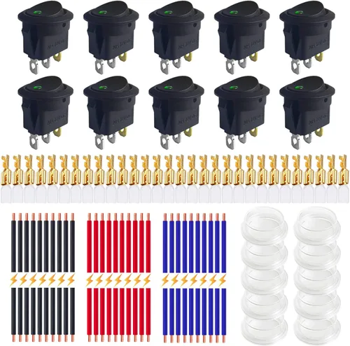 Vista 18 de Ampper - Interruptores basculantes redondos impermeables de 12 V y 20 A, CC de 3 pines, 0.787 in, iluminados en apagado, con cables y terminales Rojo