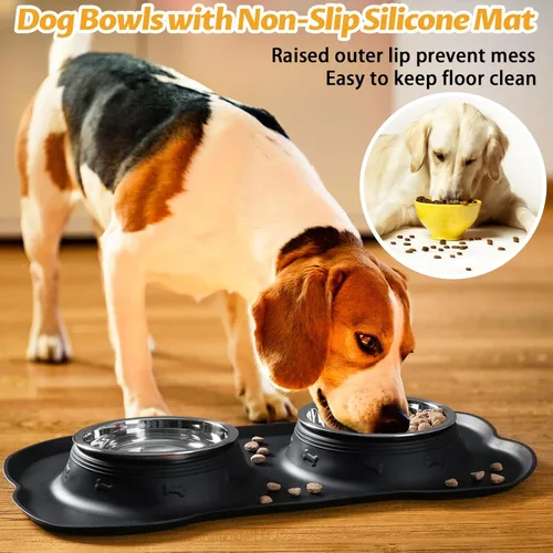 Vista 6 de Hubulk - Comedero doble de acero inoxidable con base de silicona antideslizante antiderrames y pala para alimento, para perros pequeños, medianos