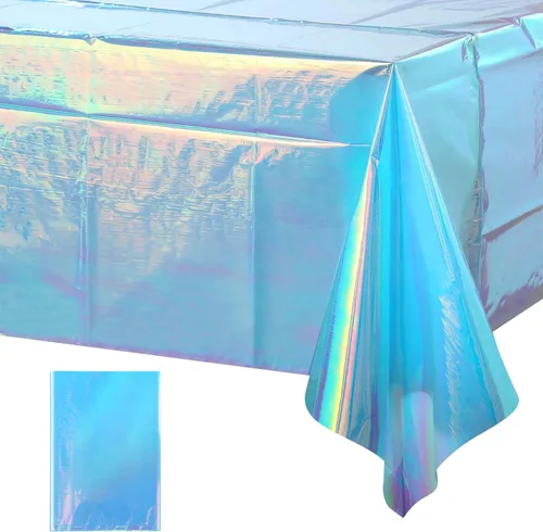 Vista 25 de 3 paquetes de mantel de plástico a cuadros negro y iridiscente, cubiertas de mesa rectangulares brillantes desechables con láser, mantel holográfico