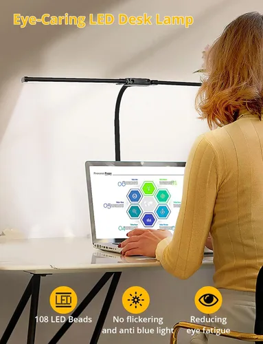 Vista 6 de Lámpara de escritorio Woputne, de doble cabeza, con puerto de carga USB inteligente A+C, 5 modos de color regulables, 2600 lúmenes, 12W