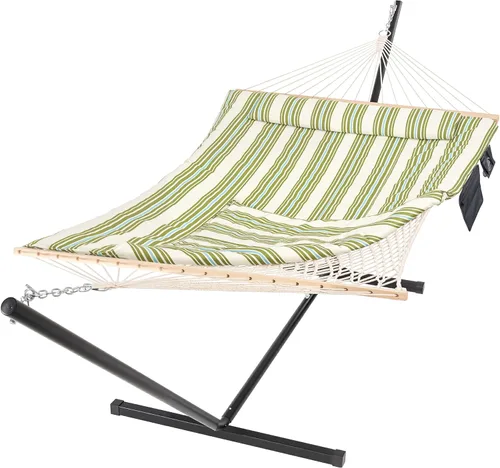 Vista 15 de SUNCREAT Hamaca doble para exteriores con soporte incluido, hamaca portátil de cuerda de algodón para 2 personas para exteriores, patio, jardín