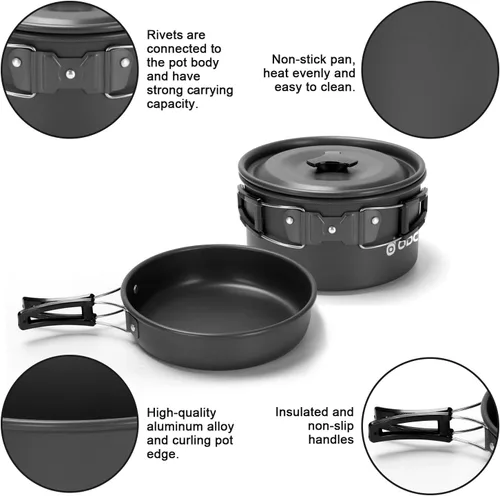 Vista 5 de Odoland 15pcs Camping Cookware Mess Kit, Non-Stick Lightweight Pot Pan Kettle Set with Stainless Steel Cups Plates Forks Knives Spoons for Camping