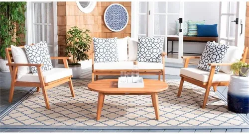 Vista 2 de SAFAVIEH Deacon - Juego de conversación de 4 piezas para exteriores, marrón y beige, madera maciza, diseño costero de listones con cojines, ideal