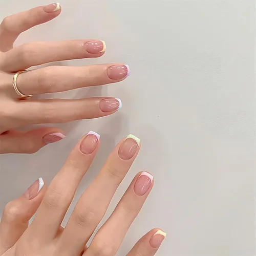 Vista 4 de Uñas postizas a presión de punta francesa, uñas postizas cuadradas cortas, coloridas y brillantes, uñas postizas naturales reutilizables, uñas