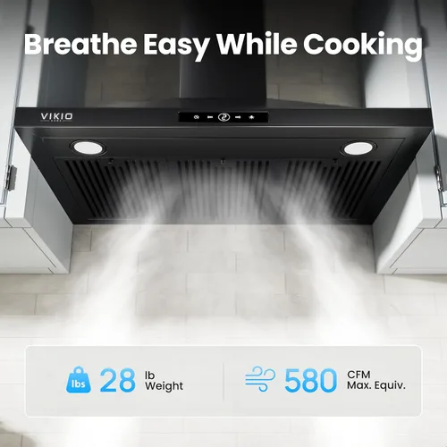 Vista 2 de VIKIO HOME Campana extractora para montaje en pared de 30 pulgadas, campana de ventilación de cocina de 580 CFM, convertible sin conductos