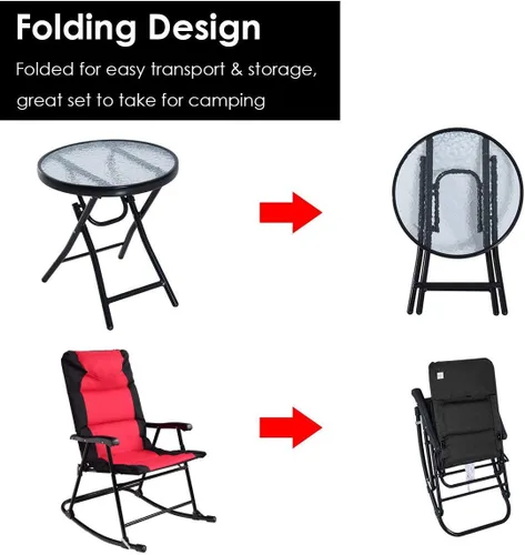 Vista 5 de Giantex Juego de 3 mecedoras plegables para patio al aire libre, juego de 2 mecedoras con mesa auxiliar de cristal para patio, terraza, asiento