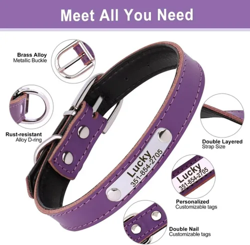 Vista 19 de Collares de perro personalizados, collar de perro de cuero suave y duradero, collar de perro personalizado con placa de nombre, collar de perro azul