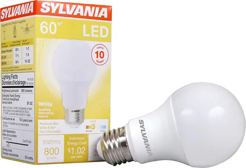 Sylvania - Bombilla LED A19, 8.5 W, equivalente a 60 W, 10 años, no dimmale, 800 lúmenes, 3000 K, blanco (74733) (paquete de 1)