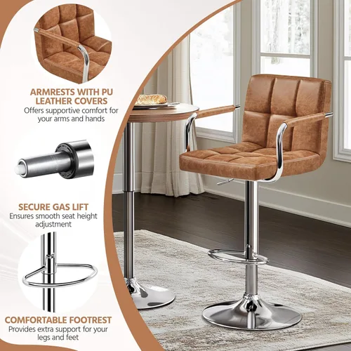 Vista 6 de Yaheetech - 4 taburetes de bar ajustables para mostrador de cocina, taburetes de bar/mostrador, silla de comedor giratoria hidráulica de piel Marrón