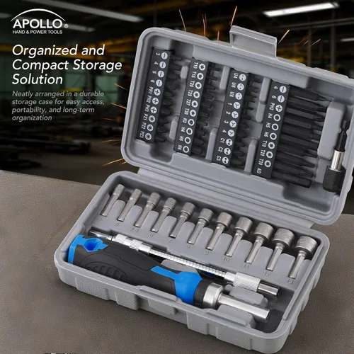 Vista 9 de Apollo Tools DT9025 - Juego de puntas de destornillador y tuercas de 54 piezas, mango de trinquete, extensión flexible, destornilladores de tuercas