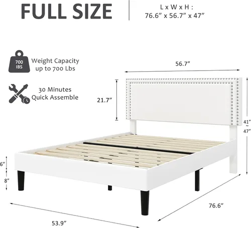 Vista 2 de VECELO Marco de cama tamaño completo con cabecera tapizada ajustable, plataforma de listones de madera, diseño sin ruido, no necesita somier, fácil