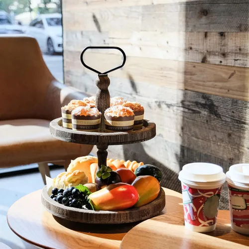 Vista 3 de Mustry Bandeja de madera rústica de 2 niveles, bandeja de servir redonda de granja para decoración de mesa de cocina, exhibición de comida, frutas