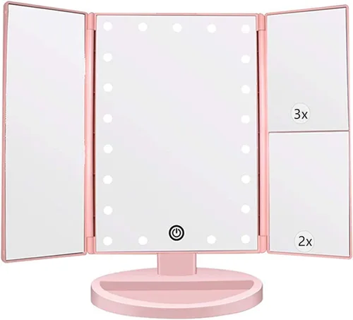 Vista 11 de Flymiro Espejo de tocador iluminado de tres pliegues con aumento 3x/2x, 21 luces LED y pantalla táctil, espejo cosmético de encimera con rotación
