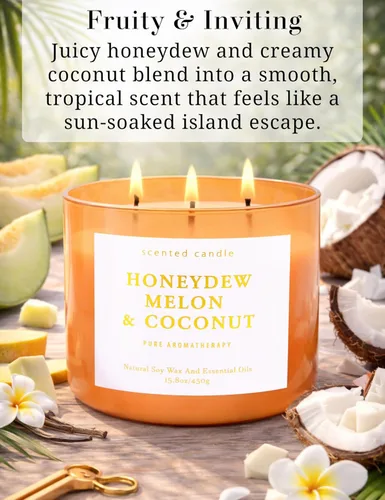 Vista 2 de Honeydew - Vela perfumada de melón y coco Velas de soja grandes de 3 mechas para el hogar de 15.8 onzas Vela de verano fresca y tropical frutal