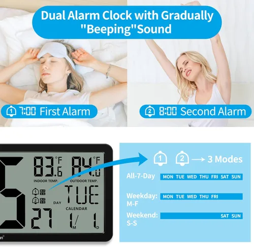 Vista 6 de Geevon Atomic Clock,14.5"Large Digital Wall Clock Battery Operated with Dual Alarm Clock, Indoor Outdoor Temperature, 4.4"Jumbo Digits, Day and Date