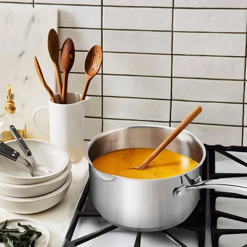 Vista 4 de Rorence Sartén de acero inoxidable: cacerola con boquillas de vertido, fondo de cápsula y tapa de vidrio templado - 2.5 cuartos de galón