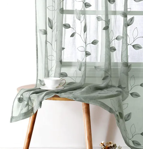 Vista 62 de HOMEIDEAS Cortinas traslúcidas amarillas de 84 pulgadas de largo, 2 paneles de cortinas bordadas con patrón floral amarillo y blanco, cortinas