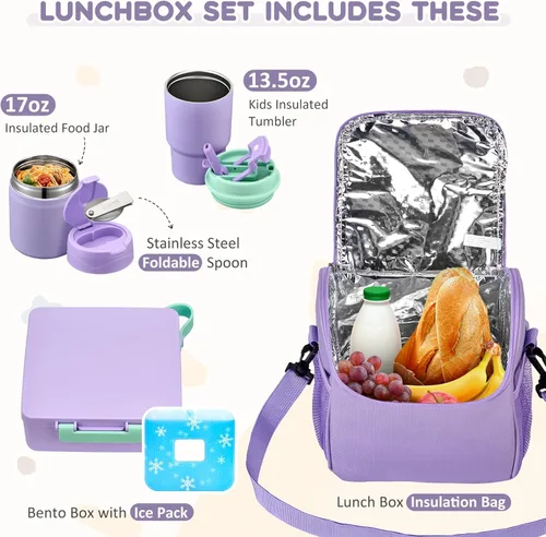 Vista 2 de Set de lonchera Pawtong con contenedor bento, termo de sopa de acero inoxidable de 17OZ, botella de agua para niños y bolsa de almuerzo aislada