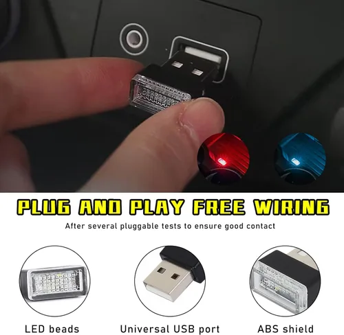 Vista 3 de Augeny 4 PCS Lámpara de Atmósfera Interior de Coche LED USB, Luz Nocturna Decorativa Enchufable USB, Kit de Iluminación Ambiental Portátil