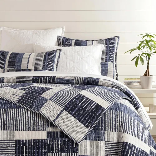 Pine Cone Hill Fripp Blue Stripe Quilted Cotton Coverlet, Full/Queen