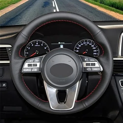 Vista 3 de Black Leather Car Steering Wheel Cover,for Kia for K5 for Optima 2019 for Cee'd for Ceed for Forte for Cerato (AU) 2018,Hand-Stitched Car Steering