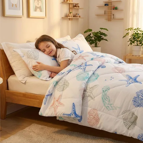 Vista 6 de JSD - Juego de edredón con tema de playa para niños, tamaño individual, con estampado de medusas y estrellas de mar, edredón ligero lavable