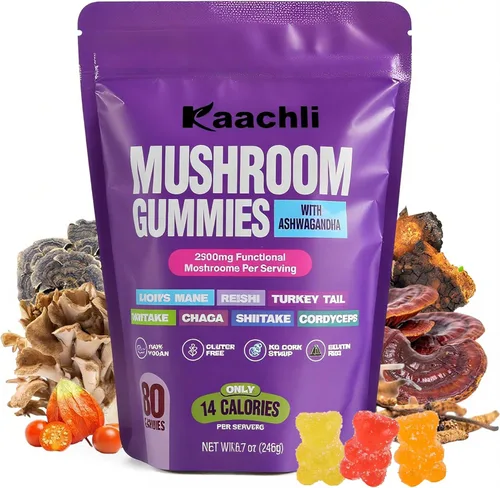 Ashwagandha y gomitas de hongos de 500 mg con mezcla de 8 hongos (Reishi, melena de león, cordyceps) – Gomitas de hongos para concentración y