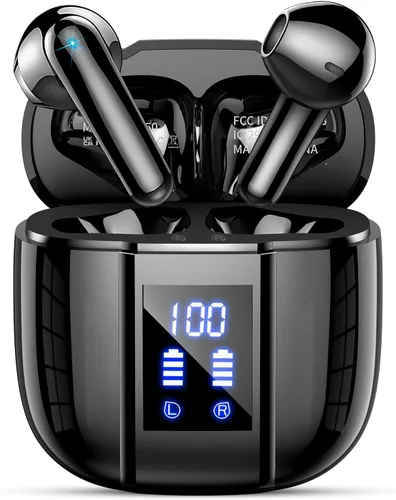 Vista 8 de Auriculares inalámbricos, auriculares Bluetooth 5.4, 48H, auriculares estéreo, pantalla LED con micrófono, IP7 impermeable en auricular, ajuste Oro
