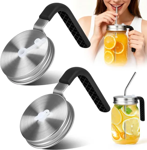 Vista 15 de Palksky Tapas para tarros Mason con agujero para popote y asa para frascos de boca regular, tapas para beber resistentes a fugas con anillos