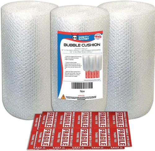 Mighty Gadget - Paquete de 3 rollos de envoltura de amortiguación de burbujas, burbujas de aire, 12 pulgadas x 72 pies en total, perforados cada 12