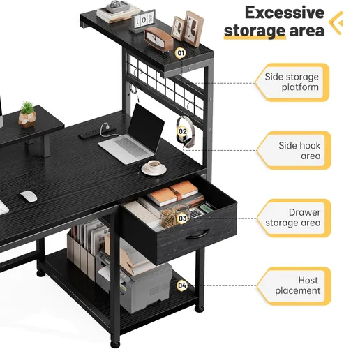 Vista 3 de EnHomee Escritorio para juegos de 40 pulgadas con tomas de corriente y luces LED, escritorio para computadora con cajón y estante de almacenamiento