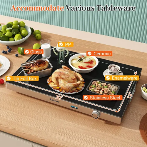 Vista 4 de COSTWAY Bandeja de calentamiento eléctrica con temperatura ajustable y asas integradas, calentador de alimentos con tapa de vidrio templado