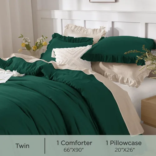 Vista 248 de Andency - Edredón beige con volantes tamaño individual, de 2 piezas, estilo rústico shabby clásico para niños, ligero y suave de microfibra