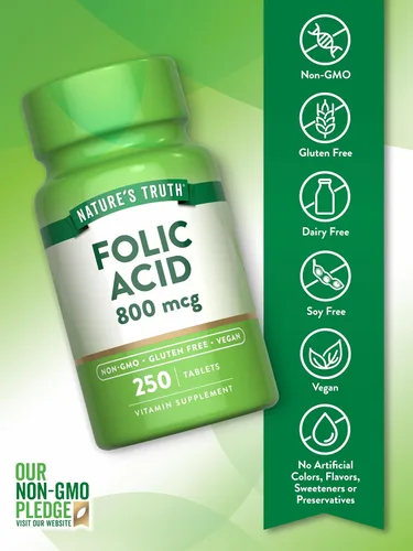Vista 3 de Nature's Truth Ácido fólico 800 mcg 250 tabletas Suplemento vegano, sin OMG y sin gluten
