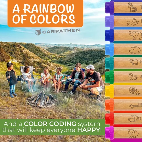 Vista 2 de CARPATHEN Juego de 10 palitos para asar malvaviscos con asas bellamente grabadas, perfectas como regalo, brochetas telescópicas de acero inoxidable