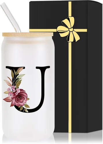 Vista 17 de Vaso de vidrio con monograma con tapa de bambú, popote personalizado, vaso de café helado de 16 onzas, tarro transparente de masón, cerveza, agua