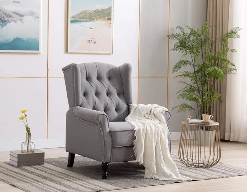 Vista 11 de Artechworks Silla decorativa moderna de tela alada, silla de club con brazos copetudos, sofá individual de lino con patas de madera, cómoda tapizada