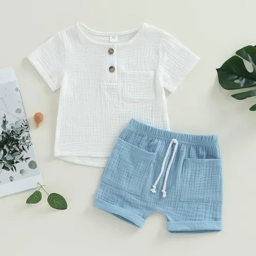 Vista 2 de Ropa de verano para bebé, niño, manga corta, algodón sólido, lino, camiseta y pantalones cortos, conjunto de 2 piezas
