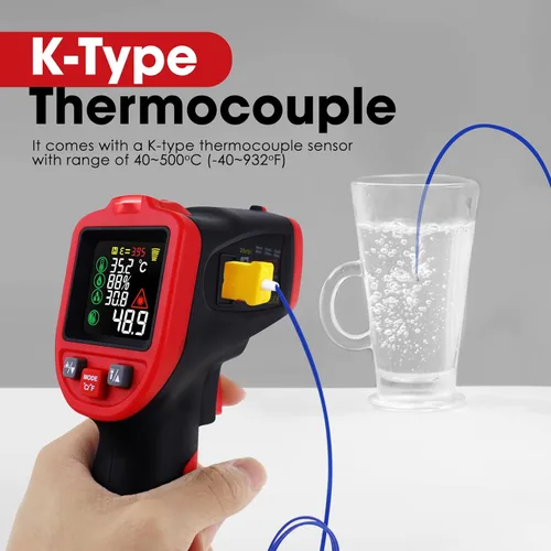 Vista 2 de Termómetro infrarrojo IR láser pistola de temperatura 58 ° ~ 1562 °F con termopar tipo K y abrazadera de plomo, termómetro digital con abrazadera