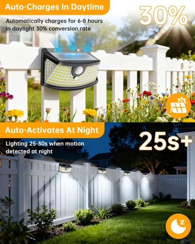 Vista 6 de Aootek Luces solares con sensor de movimiento, 120 luces LED con reflector de luces, gran angular de 270°, impermeable IP65, luces de paso
