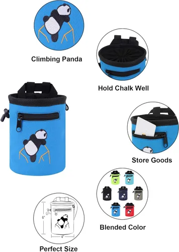 Vista 6 de AMC Bolsa de tiza bordada de panda escalada en roca con bolsillo con cremallera