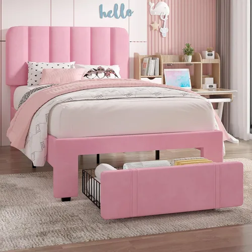 Vista 30 de VECELO - Base de cama tapizada de tamaño Queen con cabecera y 4 cajones, cama de plataforma de almacenamiento de terciopelo, soporte de listones