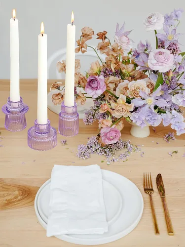 Vista 6 de Vixdonos Portavelas de Cristal Cónicos Portavelas de Velas de Té para Centros de Mesa, Decoración de Bodas y Fiestas de Cena (6 Piezas, Morado)