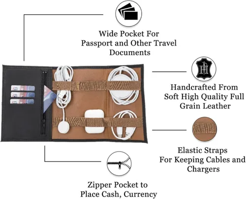 Vista 5 de HARDISTON Rollo organizador electrónico de cuero personalizado, bolsa de cordón personalizada para accesorios de tecnología de viaje, cables USB