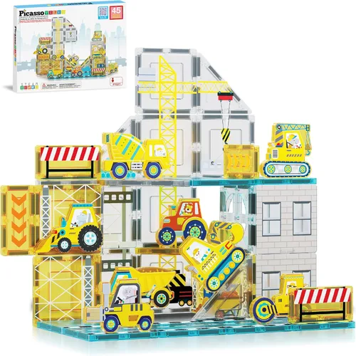 Vista 15 de PicassoTiles - Juego de 38 piezas de bloques de construcción con azulejos magnéticos, tema de dinosaurios, con 8 figuras de acción magnetizadas