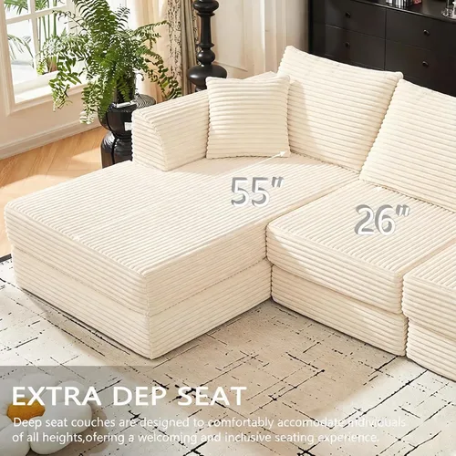 Vista 8 de Sofá modular de pana en forma de L de 102 pulgadas, 3 plazas con diván reversible, color beige, cojín de espuma viscoelástica, no requiere montaje